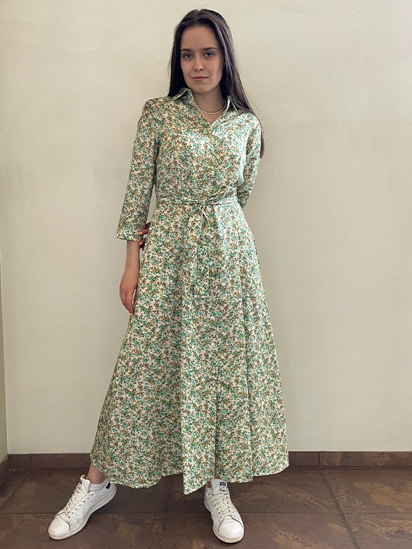 Il Vento E La Seta medvilninė maxi suknelė "Olivia Green - White"