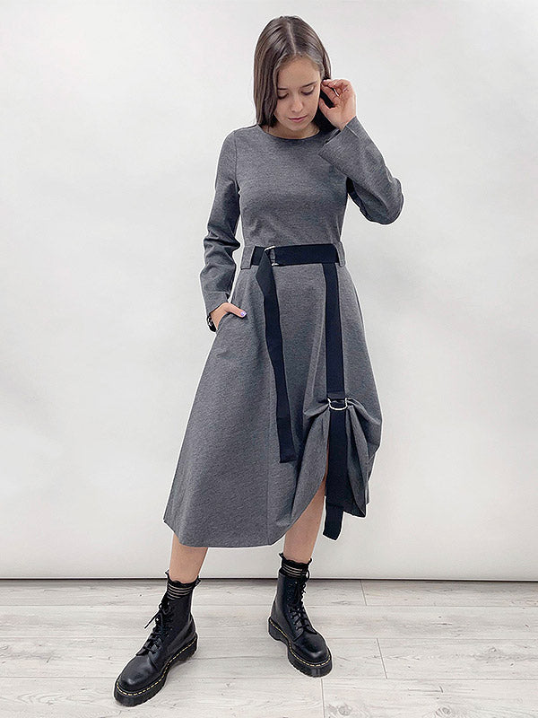 Il Vento E La Seta Midi Dress With Belt Barbara Grey Melange - Black