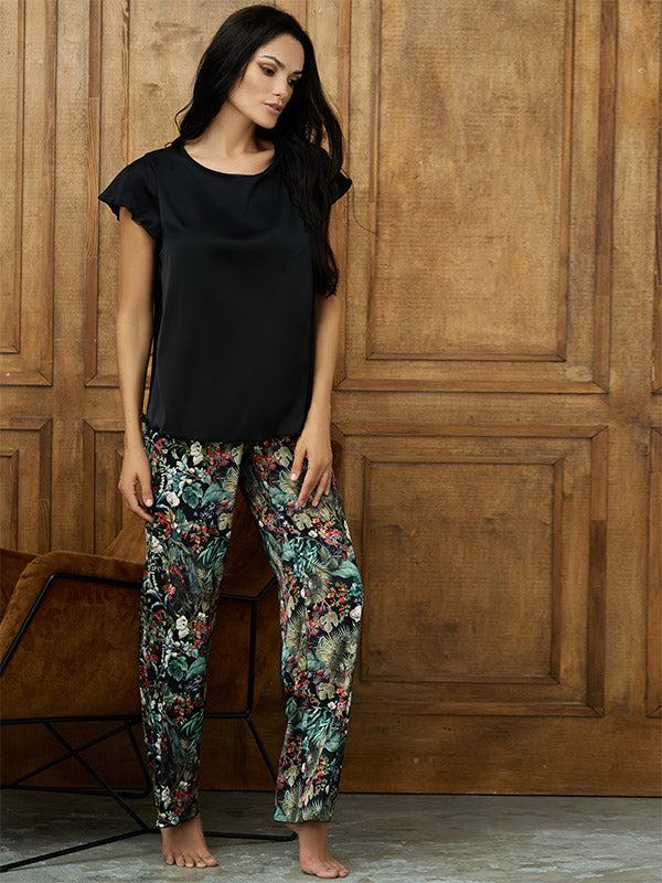 Lega atlasinė pižama su ilgomis kelnėmis "Madona Black - Multicolor Floral Print"