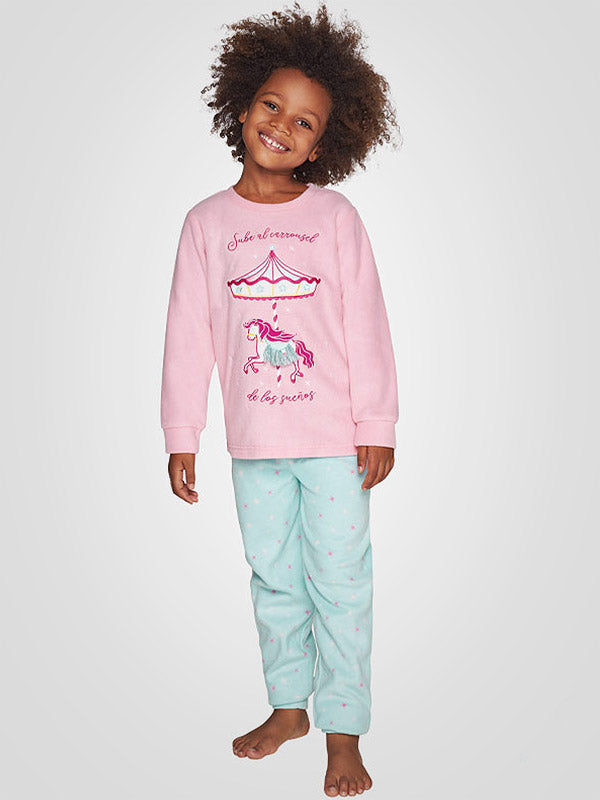 Muydemi Warm Long Kids' Pyjamas Unicorn Carousel Pink - Light Blue