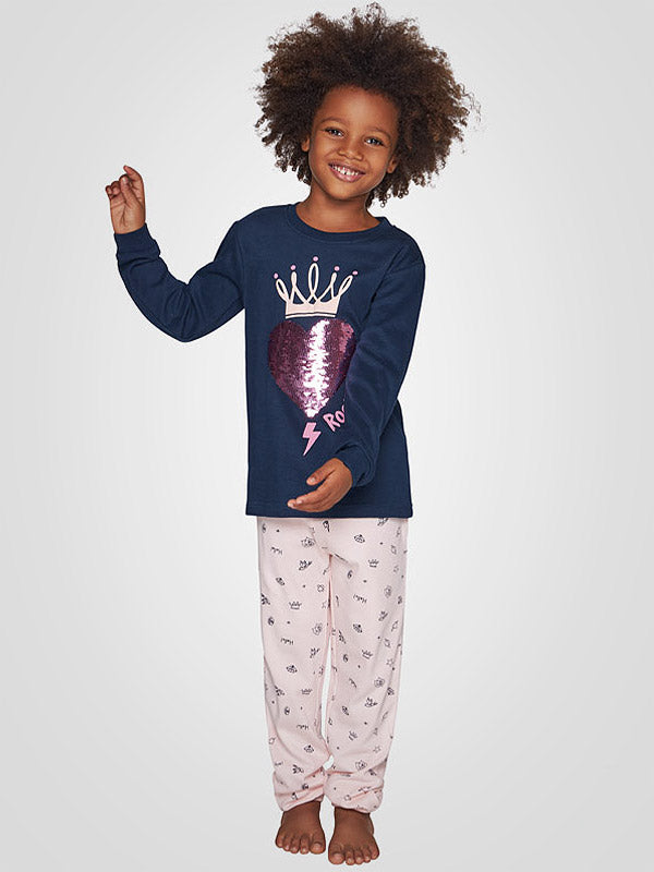 Muydemi Girls' Long Pyjamas Rock Queen Navy - Pink