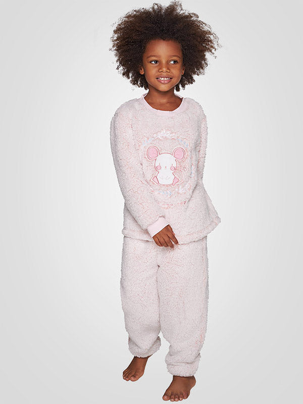 Muydemi Warm Long Kids' Pyjamas Cute Mouse Coral - White