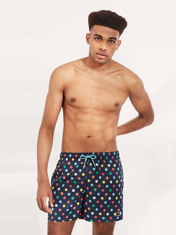 Ysabel Mora men's swim shorts Happy Holidays Navy - Multicolor Dots