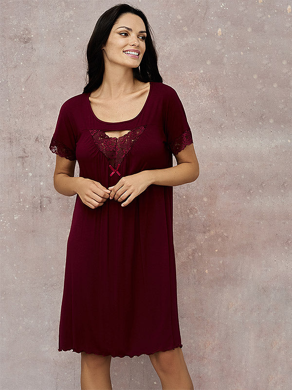Lega Viscose Nightdress With Lace Belina Bordeaux