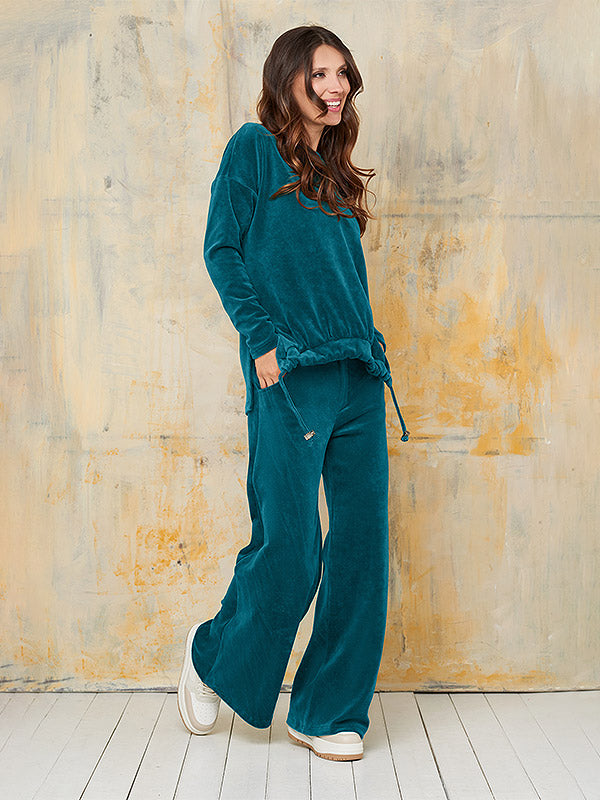 Lega plačios medvilninės kelnės "Lynette Dark Teal Velour"