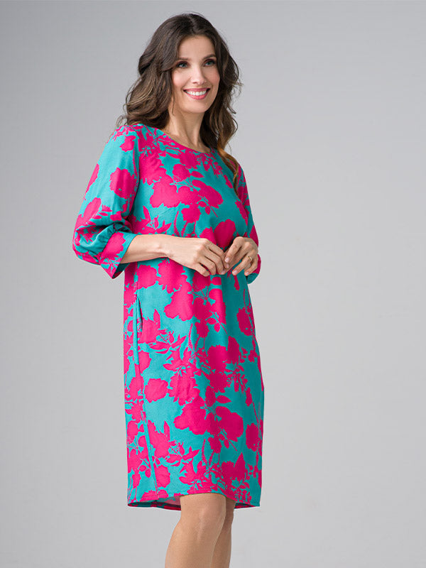 Lega viskozinė suknelė "Agostina Green - Fuchsia Flower Print"