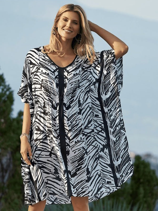 Charmline Viscose Kaftan Ink Art White - Black