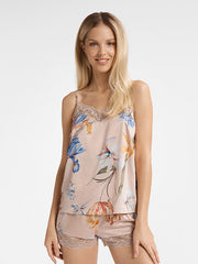 Esotiq trumpa atlasinė pižama su nėriniais "Lover Beige - Multicolor Flower Print"