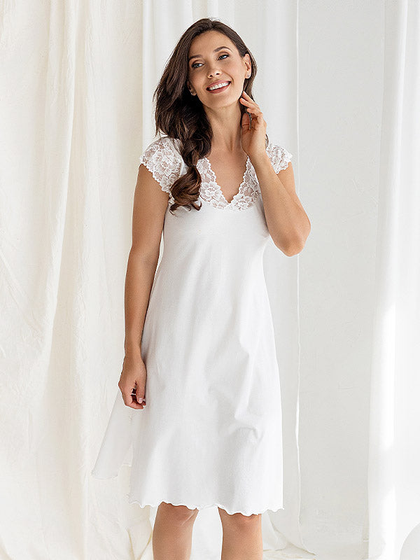 Lega Cotton Nightdress With Lace Dunja Ecru