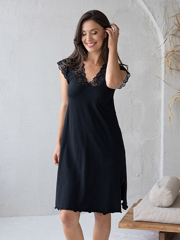 Lega Cotton Nightdress With Lace Dunja Black