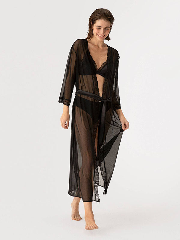 Fiore Tulle Dressing Gown with Lace Opera Black