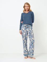 Aruelle ilga medvilnės ir viskozės pižama  "Fleur Blue - White Flower Print"