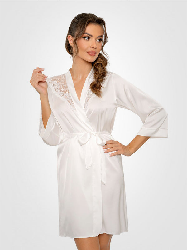 Donna Satin Robe with Lace Mari Ecru