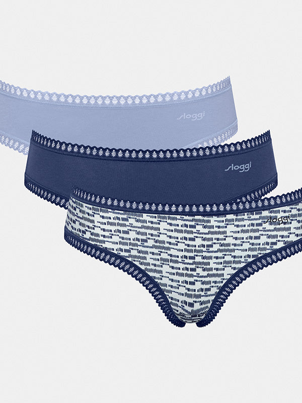 Sloggi 3 medvilninių hipster kelnaičių komplektas "Go Crush White - Blue - Dark Blue"