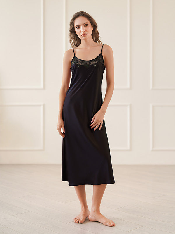 Komilfo Long Silk Nightdress with Lace Ruby Long Black