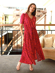 Lega maxi viskozinė suknelė "Indila Magenta - Orange Flower Print"