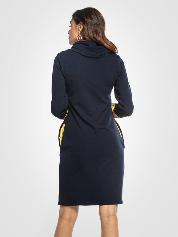 Tessita medvilninė suknelė aukštu kaklu "Lucia Navy - Yellow"