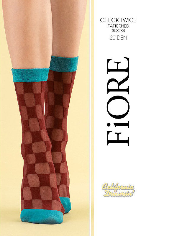 Fiore raštuotos kojinės "Check Twice 20 Den Burgundy - Turquoise"