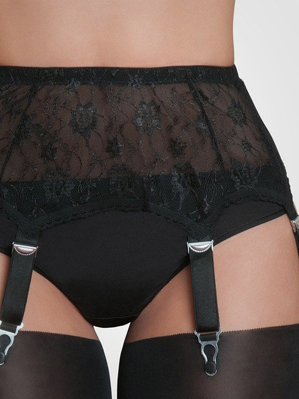 Nylon Dreams 6 dirželių klasikinis nėriniuotas prisegamų kojinių diržas "All Lace Black"