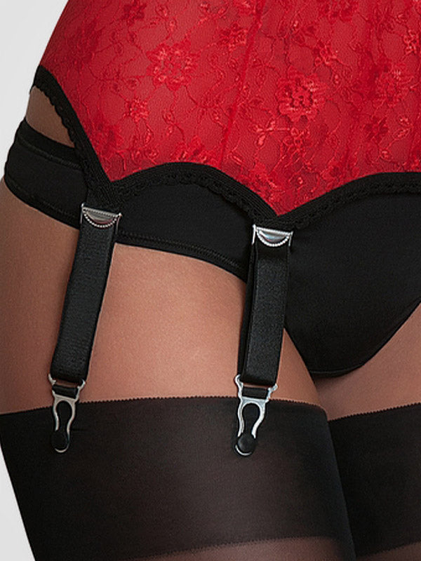 Nylon Dreams 6 dirželių klasikinis nėriniuotas prisegamų kojinių diržas "All Lace Red - Black"