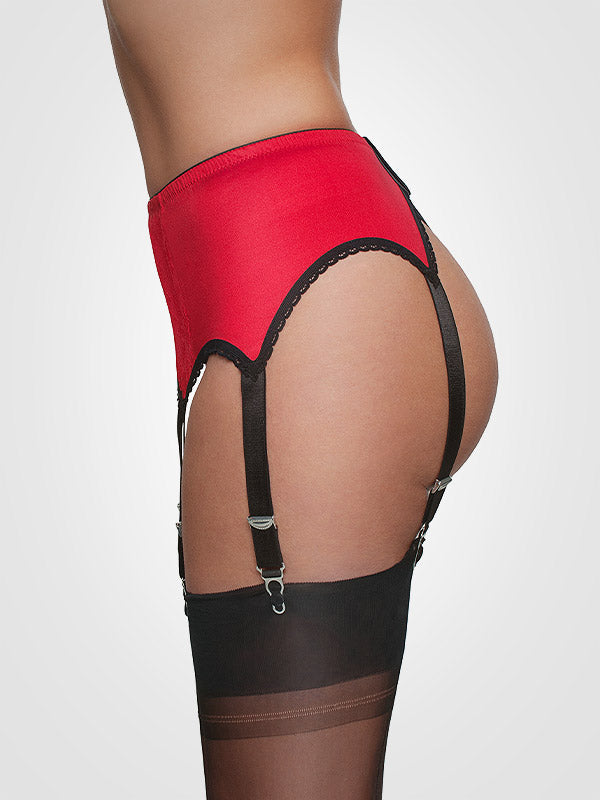 Nylon Dreams 6 dirželių klasikinis prisegamų kojinių diržas "All Plain Red - Black"