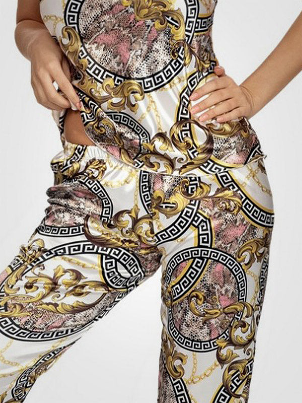 Donna ilga atlasinė pižama "Donatella White - Multicolor Ornament Print"