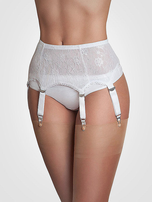 Nylon Dreams 6 dirželių klasikinis nėriniuotas prisegamų kojinių diržas "All Lace White"