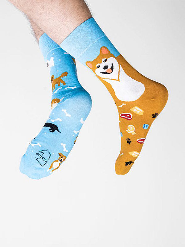 Spalvotos Kojines unisex medvilninės kojinės "Akita and Friends Blue - Yellow"