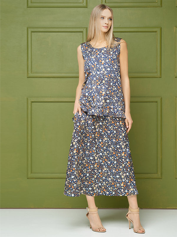Lega atlasinė palaidinė "Holly Navy - Multicolor Flower Print"