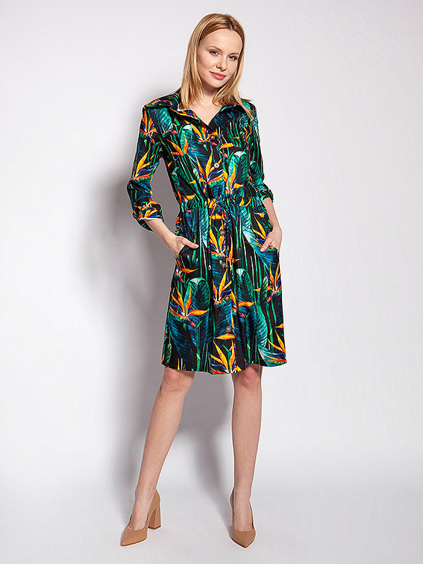 Lanti susegama suknelė "Daria Green - Orange Bamboo Flower Print"