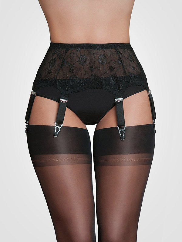 Nylon Dreams 6 dirželių klasikinis nėriniuotas prisegamų kojinių diržas "All Lace Black"